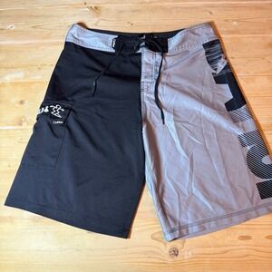 DaHui Mens Board Shorts Size 34 Black Grey Colorblock Logo Swim Trunks Surfing‎
